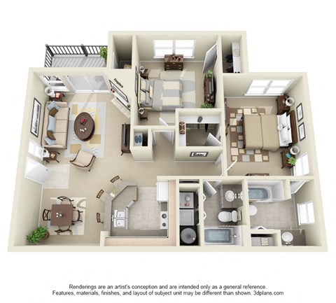 Floor plan for 2 beds, 2 baths, 1036 sqft